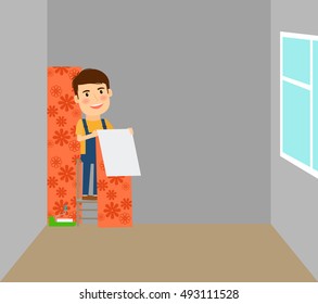 Man making repairs in room, putting on wallpaper. Vector illustration