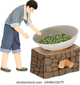 A man is making roasted tea leaves