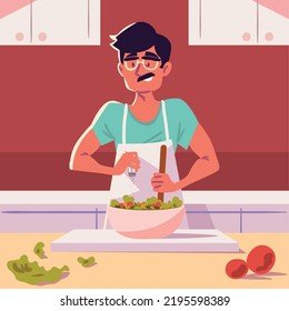 Man Making Salad Kitchen Cartoon