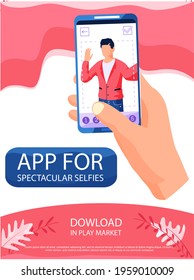 Man making self photo with special application. App for spectacular selfies concept poster