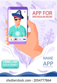 Man making selfie with filter adding pirate costume. Funny guy taking self photo face portrait on smartphone. Phone camera addiction vector illustration. App for spectacular selfies concept poster