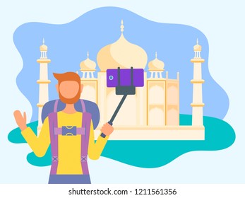 Man making selfie on the background of the Taj Mahal in India. Travel and boarded concept. Vector illustration