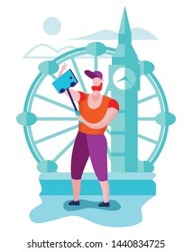Man Making Selfie on Smartphone Camera, Big Ben Tower and Ferris Wheel Background. Tourist Traveling in London Shooting Famous Places, See Sights in Trip, Tour Journey Cartoon Flat Vector Illustration