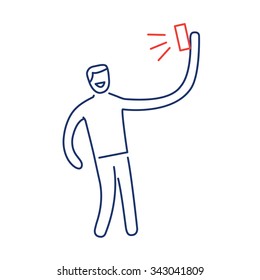 man making selfie with one hand with smartphone or camera vector photography and linear icon and infographic | illustration of gear and equipment for photographers blue and red on white background