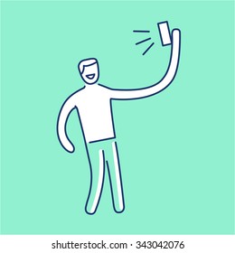 man making selfie with one hand with smartphone or camera vector photography and linear icon and infographic | illustration of gear and equipment for photographers isolated on green background