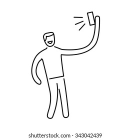 man making selfie with one hand with smartphone or camera vector photography and linear icon and infographic | illustration of gear and equipment for photographers black isolated on white background