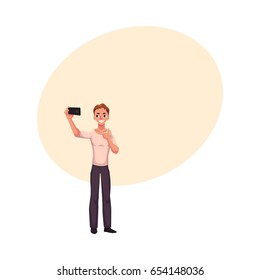 Man making selfie, photo of himself with smartphone, showing thumb up, cartoon vector illustration with space for text. Full length portrait of young man in making selfie with mobile phone