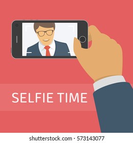 Man making selfie photo on smartphone. Businessman looking at mobile phone and photographed himself. Vector illustration in flat style. EPS 10.