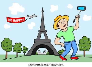 Man making selfie with a selfie-stick against the backdrop of the Eiffel Tower in Paris