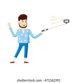 Man making selfie with a stick icon in cartoon style on a white background