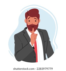 El Hombre Hace Un Gesto De Silencio, Indicando La Necesidad De La Tranquilidad O Confidencialidad. El Carácter Masculino Expreso Secreto, Confidencialidad, Defendiendo Un Ambiente Silencioso. Ilustración de vectores de personas de caricatura