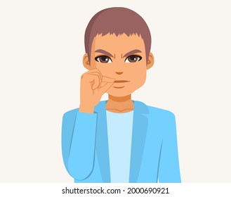 Man making silence zip gesture with closed mouth and finger on lips