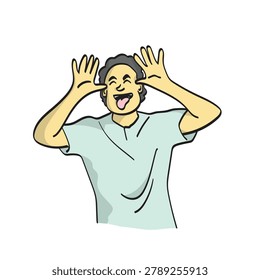 man making a silly face by pulling cheeks and sticking out tongue illustration vector isolated on white background