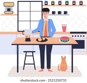 Man making smoothie or cocktail, preparing vegetarian food on kitchen table. Culinary, food preparation at home concept. Guy cooking with groceries and kitchenware. Male making fresh juice with fruit