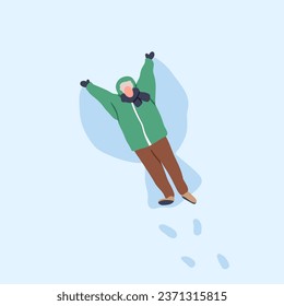 Hombre haciendo ángel de nieve, tirado en deriva de nieve con las alitas impresas. Diversión en invierno, actividades de ocio. Divertido entretenimiento de persona feliz en helados, clima frío, vista superior. Ilustración vectorial plana