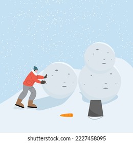 Man making snowman with carrot. Human playing outdoors on winter holidays. Man having fun in wintertime. Flat vector illustration isolated on white background