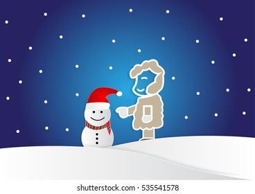 man making a snowman in cartoon style, christmas background, vector, copy space for text, illustration, paper art and origami style