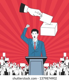 man making a speech and audience with signboard and voting