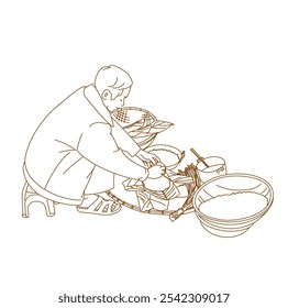 Hombre haciendo pastel de arroz pegajoso cuadrado, plato tradicional vietnamita servido en Tet Festiva