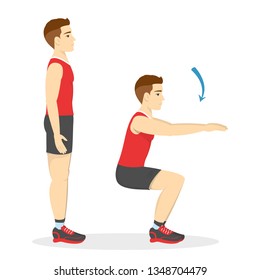 Man making squats. Exercise for butt. Leg workout. Muscle building. Healthy and active lifestyle. Isolated vector illustration