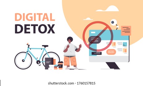 man making stop gesture with palm digital detox concept guy abandoning internet and social networks healthy lifestyle horizontal full length vector illustration