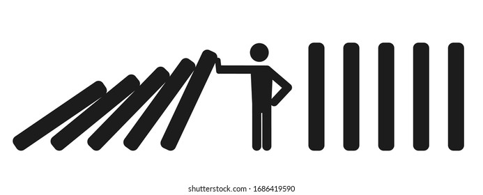 Man making a stop gesture to prevent dominoes from collapsing - stock vector