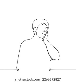 man making surprise with facial expressions and touching his cheek- one line drawing vector. concept surprise, shock from what he saw, toothache