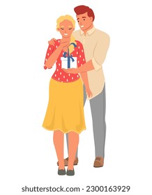 Man making surprise for woman giving gift box vector illustration isolated on white background. Loving boyfriend presenting wrapped pack to girlfriend. Birthday celebration and greeting concept