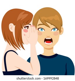 Man making surprised face expression after hearing shocking news by woman telling secrets in his ear