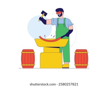 Man making sword with safety equipment, craftsman. Character design. Vector flat illustration