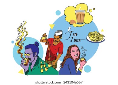 Man Making Tea, Cafe Tea or Bar, Company of Young People Having Coffee Break in Modern Restaurant Communicating, illustration.