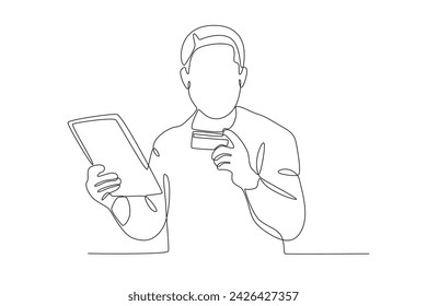 A man is making a transaction. Internet banking one-line drawing