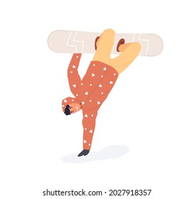 Man making trick on snowboard. Snowboarder jumping upside down with snow board in winter. Happy person during extreme snowboarding. Flat vector illustration isolated on white background