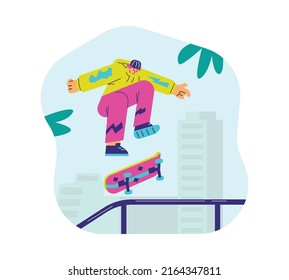 Man making tricks or stunts on skateboard in the city, flat vector illustration isolated on white background. Skatepark activities concept. Teenager jumping on the skateboard.