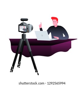 Man making tutorial in front of camera.  Tech vlogger concept vector illustration.