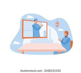 Man making a video call with a friend. Forgive each other online. Happy Eid Mubarak concept. flat vector modern illustration 