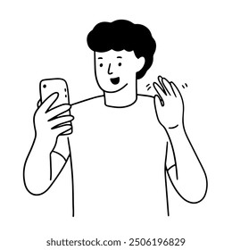 Man making video call with his smartphone handdrawn illustration