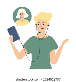 Man making video call using smartphone vector illustration