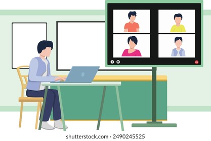 A man is making a virtual call with four of his friends
