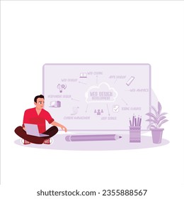 Man making web design and development charts with keywords and icons using his laptop, Web design concept. Trend Modern vector flat illustration