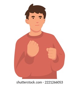 Man making a winner gesture while raising his arms and clenching his fists in celebration. cheering, supporting. vector illustration