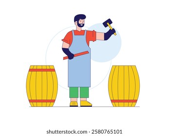 Man making wooden barrel, handcraft. Character design. Vector flat illustration