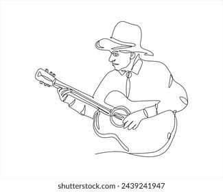 Man male boy play guitar oneline continuous single line art Continuous one line man with a guitar sitting. Vector illustration Continuous line drawing of a man playing guitar. Single one line art