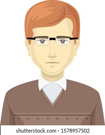 Man male character avatar, vector portrait. Nerd type clothes with glasses. Hipster fashion style.