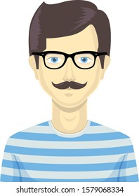 Man male character avatar, vector portrait. Stylish type clothes with glasses and mustaches. Modern style