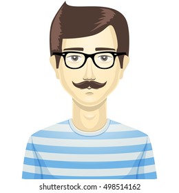 Man male character avatar, vector portrait, hipster type shirt, clothes, beard mustaches and hair style.