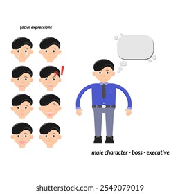 Hombre. carácter masculino. carácter vestido formal como jefe, joven ejecutivo, persona exitosa. carácter de camisa azul. carácter con algunas expresiones faciales. tema de negocios. Ilustración vectorial. 