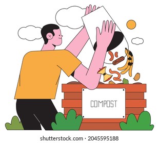 Man or male character make compost pile adding brown and green materials or waste. Person create and maintain compost bin. Organic waste for domestic composting creative concept for banner or website.