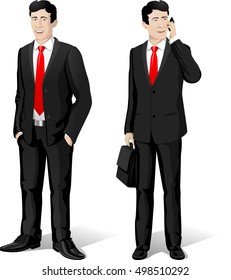 Man male character, vector figure, businessman type clothes with red tie and black suit.