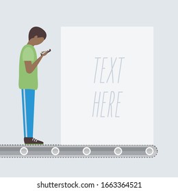 man or male connected isolated flat design. young addicted technology like smartphone & mobile. distracted person cartoon. character in cell phone vector. addiction to social media in virtual world 